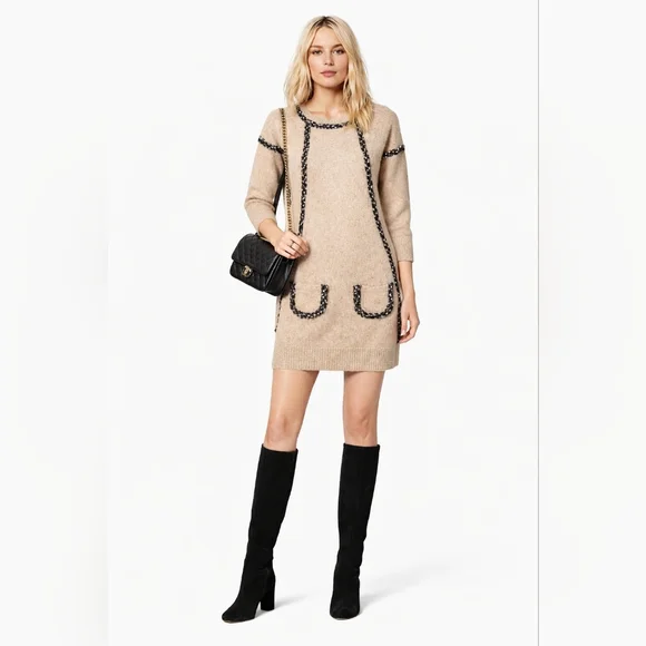 SEE BY CHLOÈ Wool Knit Dress Mini Jumper Pockets Tan Black White Sparkle XS S - Picture 11 of 11